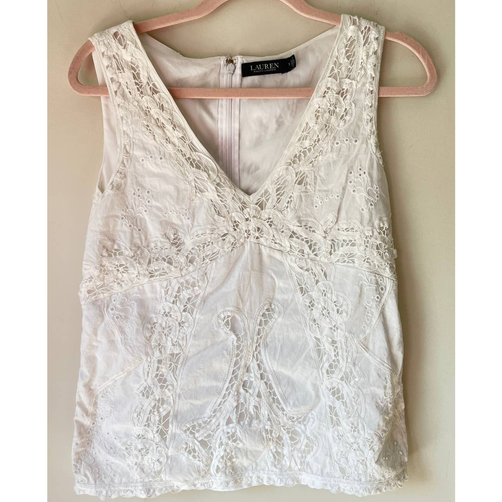 Ralph Lauren white V neck zip back eyelet sleeveless blouse sz 2